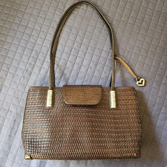 Brighton Vintage Woven Leather Tote | Brown Croc Embossed Flap | Silver Hardware - Picture 1 of 12